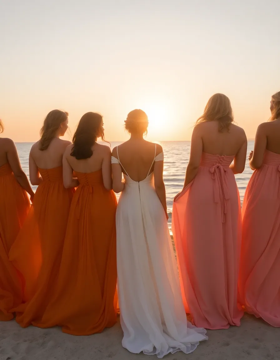 A group of bridesmaids in flowing dresses ranging from deep orange to soft pink, standing on a beach with the sunset reflecting off the water. Their dresses billow slightly in the breeze, creating a dreamy, ethereal effect.