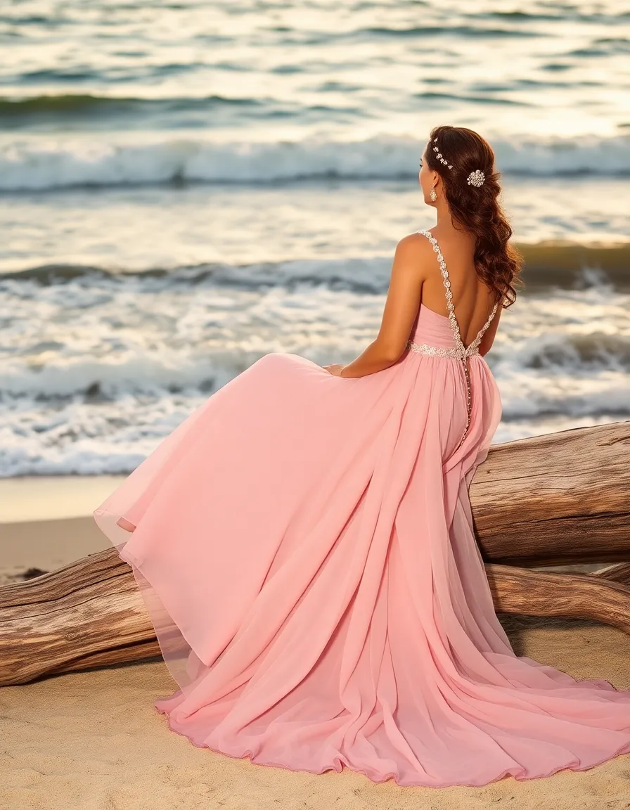 A bride in a blush pink gown sitting on a driftwood log, the ocean waves gently rolling in behind her. The soft color complements the golden sunset, creating a dreamy, romantic scene.