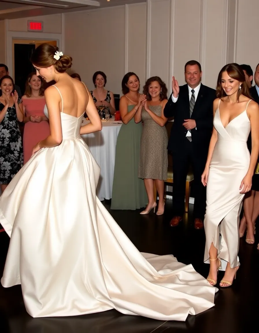 A bride in a fitted silk bodice with a voluminous detachable skirt, mid-transition at her reception. One photo shows the full skirt, the other shows the sleek slip underneath, with guests cheering in the background.