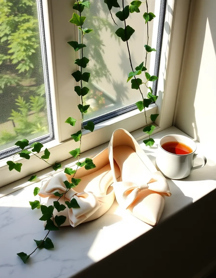 Ivory satin bow flats resting on a marble windowsill with a trailing ivy plant and a cup of tea nearby. Morning light streams in, casting a soft glow on the satin fabric.