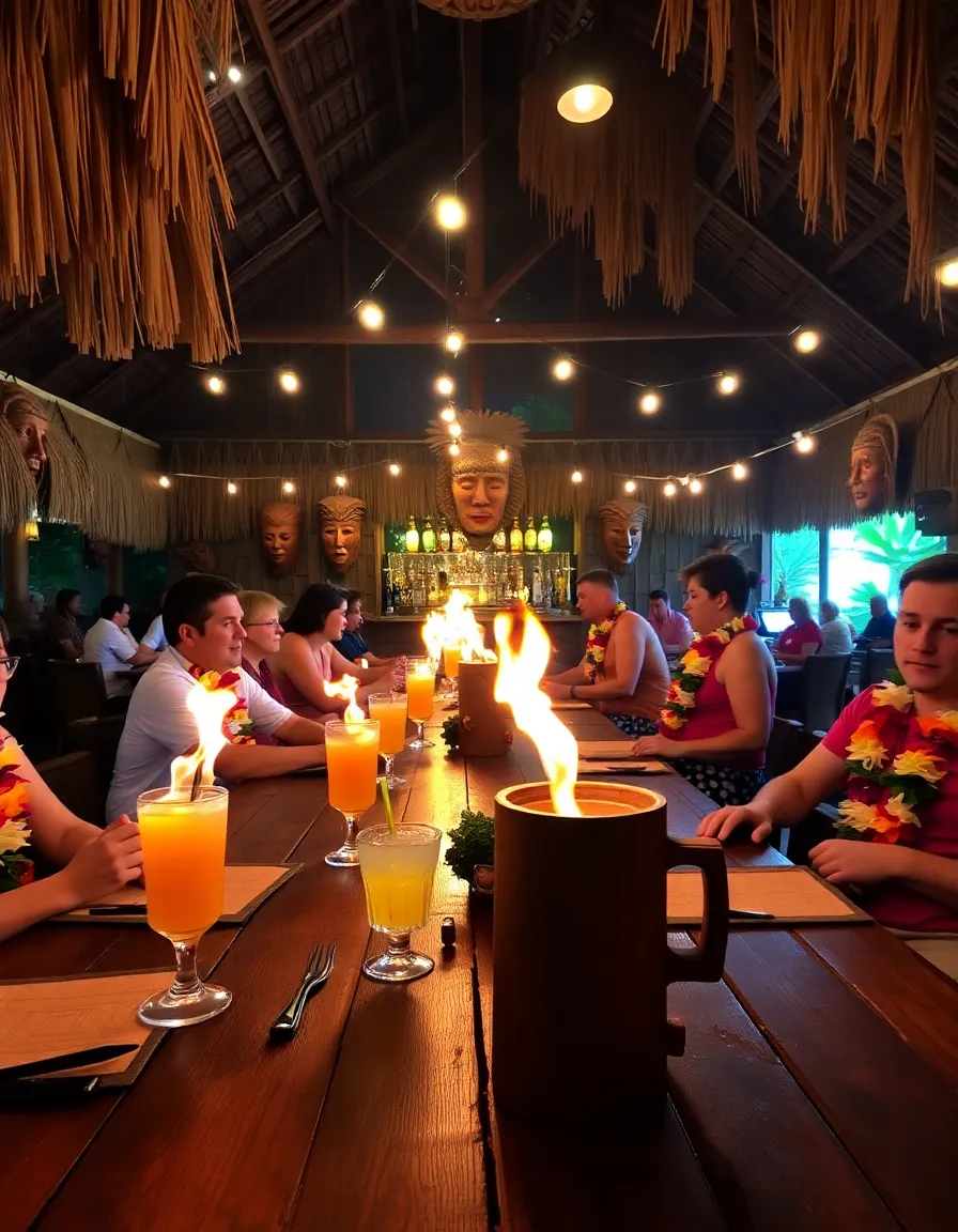 A tiki bar reception with bamboo tables, thatched umbrellas, and flaming cocktails in tiki mugs. The bar is decorated with carved wooden masks and string lights, with guests wearing flower leis.