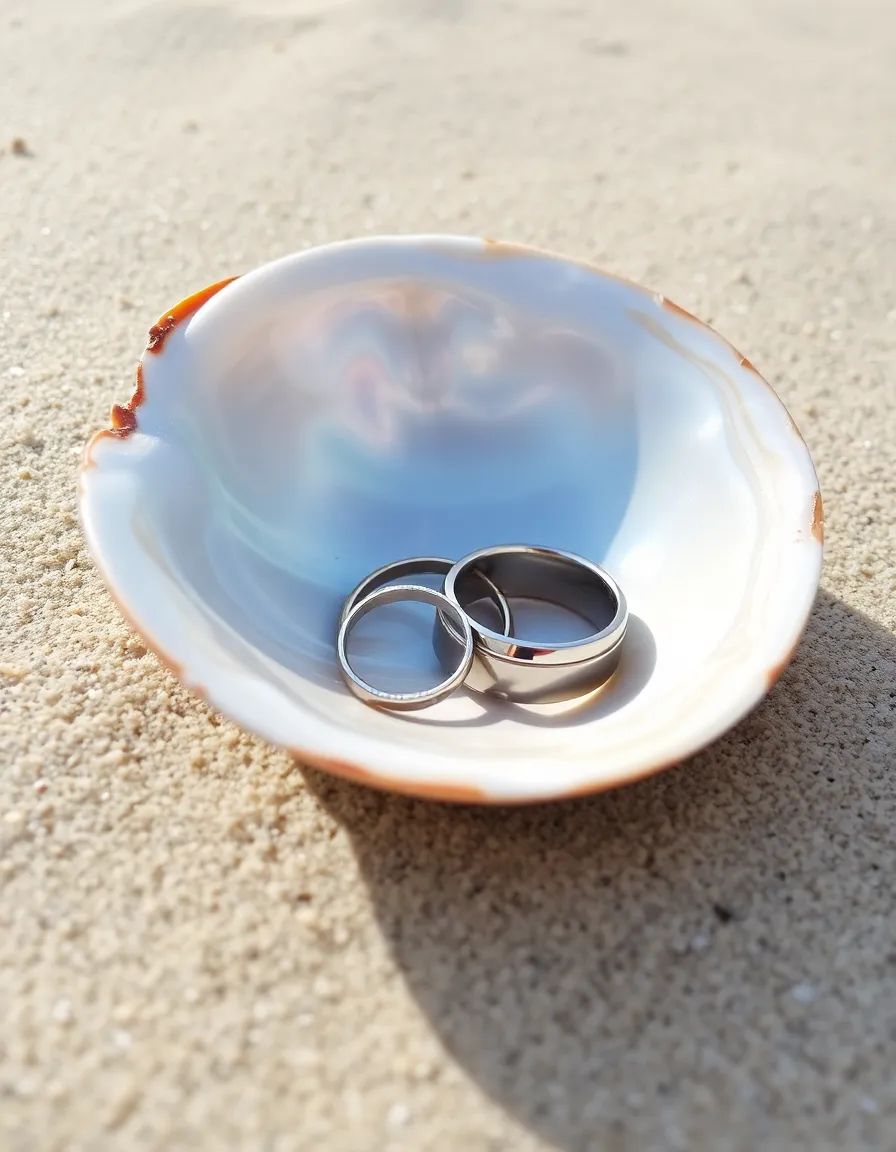 A close-up of a smooth, pearly abalone shell resting on a bed of soft sand. Two wedding bands—one delicate and one bold—sit nestled in the shell’s natural curves. The sunlight catches the metallic sheen of the rings, creating a warm, romantic glow.