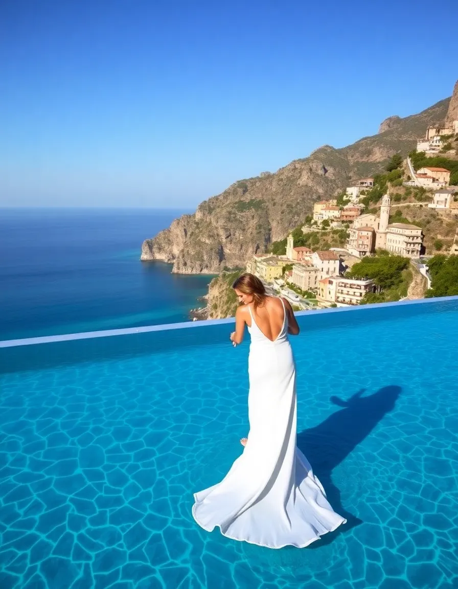 The iconic infinity pool at Belmond Hotel Caruso, with a bride in a sleek white dress dipping her toes in the water. The Amalfi Coast stretches out below, with pastel-colored villages clinging to the cliffs and turquoise water lapping at the shore.