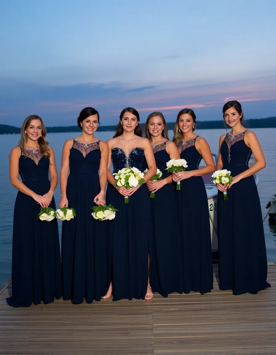 Bridesmaids in navy blue dresses standing on a dock at twilight, the water reflecting the last streaks of sunset. Their gowns are long and flowy, with delicate beading on the bodices, and they’re holding bouquets of white anemones and succulents. A vintage boat is tied up behind them.