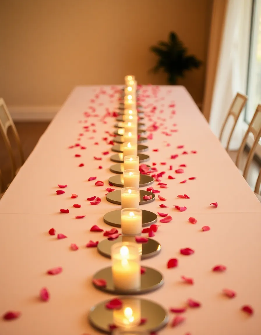 A long dining table with a series of small, round mirrors placed down the center, reflecting the glow of tapered candles and scattered rose petals. The mirrors create the illusion of endless flickering light.