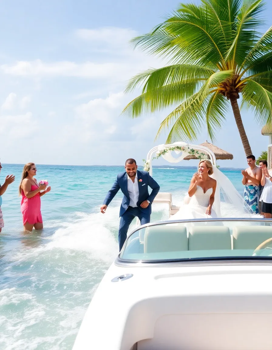 A groom arriving by speedboat to his beach wedding at Barcelo Bavaro Palace, with guests cheering from the shore. The bride waits under a coconut palm arch, laughing as her partner jumps out of the boat.