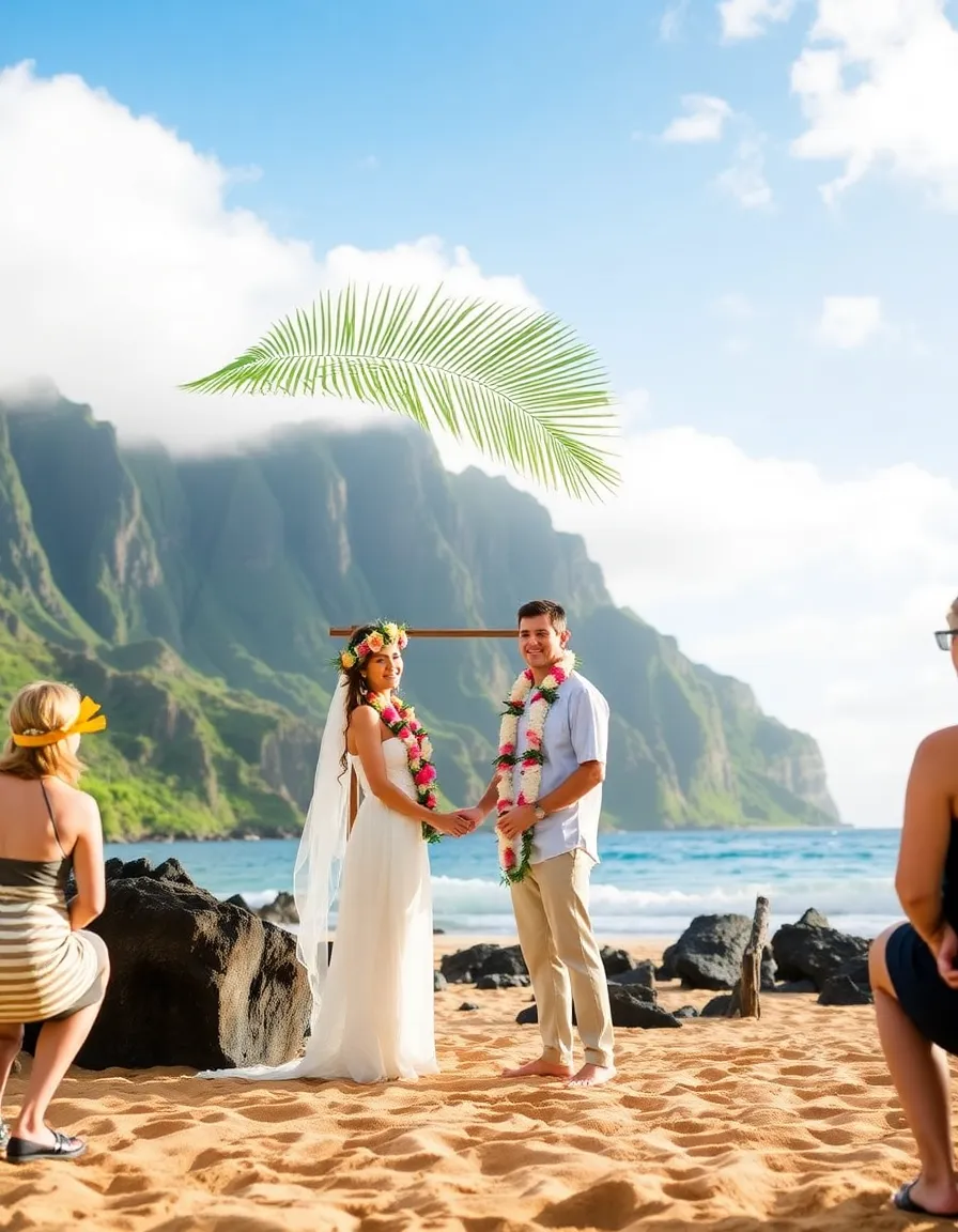A Hawaiian wedding ceremony on Tunnels Beach, with a lei-bedecked couple standing under a simple palm-frond arch. The Napali Coast’s green cliffs rise dramatically in the background.