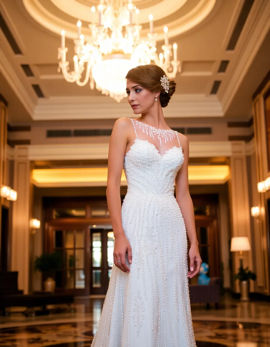 A bride in a vintage-inspired gown with cascading pearl beading, standing in a grand hotel lobby with Art Deco details. The pearls catch the light from a crystal chandelier, creating a soft, luminous effect.