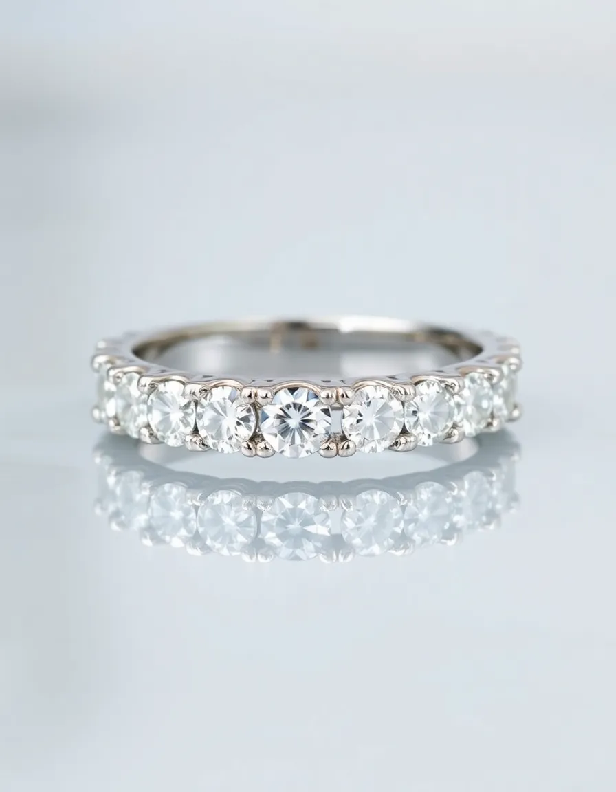 A channel-set diamond white gold wedding band placed on a mirrored surface to reflect the diamonds’ brilliance. The diamonds should form a continuous line, with the metal framing them perfectly.