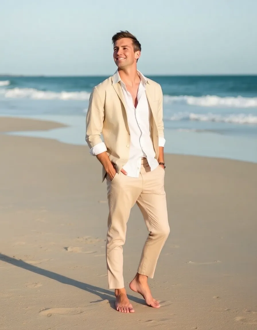 A groom in a beige linen suit, barefoot on a sandy beach. The sleeves are rolled up, and his untucked white shirt flutters in the ocean breeze. He’s squinting at the horizon with a relaxed smile, toes in the sand.