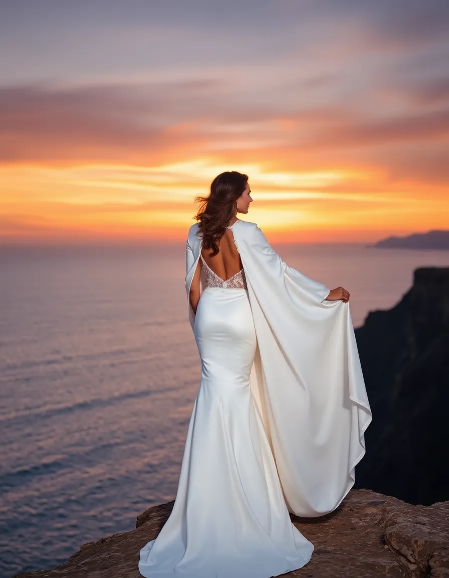 A bride in a fitted ivory satin gown with a dramatic floor-length cape standing on a cliff overlooking the ocean. The cape flows in the wind, and her hair is swept to one side. The sunset paints the sky in deep oranges and purples.