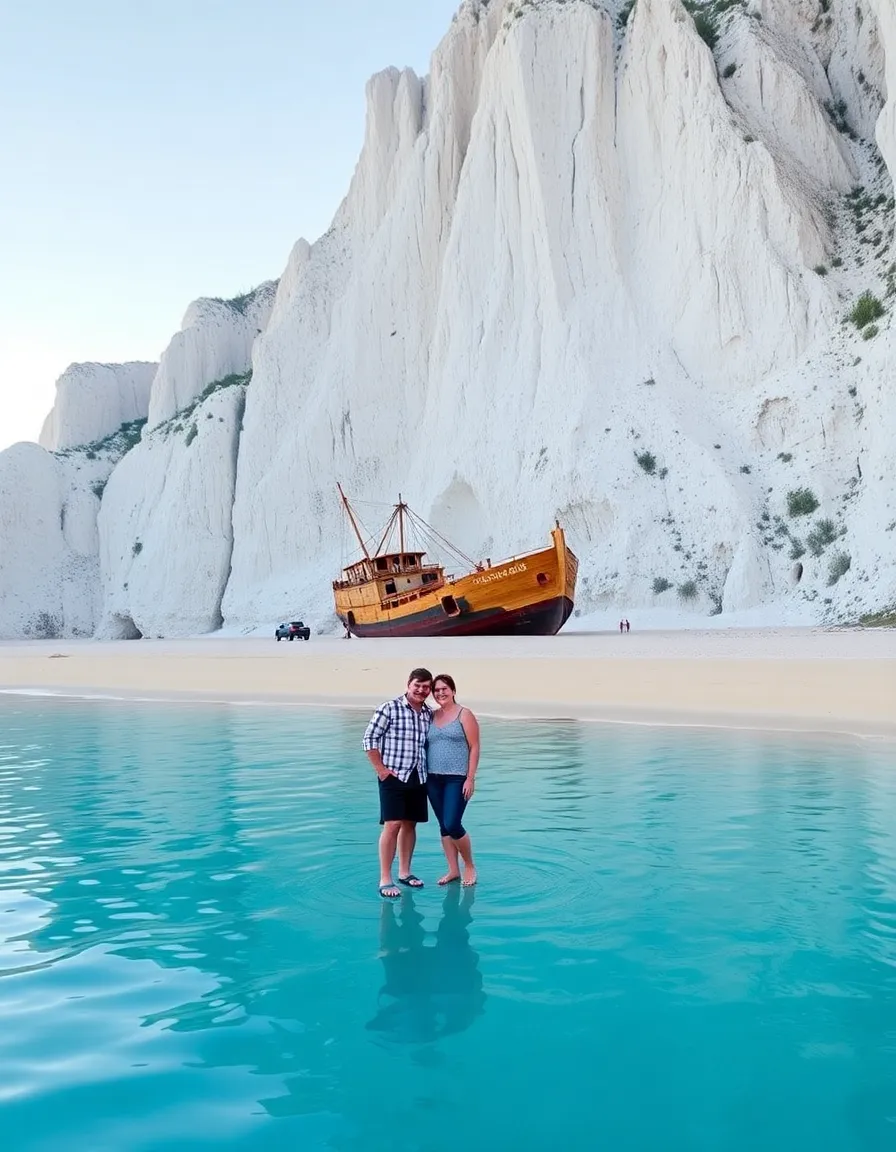 A couple standing near the iconic shipwreck at Navagio Beach, the white cliffs towering behind them. The early morning light turns the water a surreal shade of blue, with not another soul in sight.