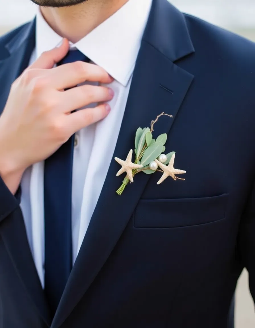 A close-up of a groom’s lapel adorned with a unique boutonniere made of a small starfish, a sprig of sage, and a tiny pearl, all secured with twine. The groom’s hand rests on his chest, showing off the detail against a crisp navy suit. The background is softly blurred, with hints of ocean waves.
