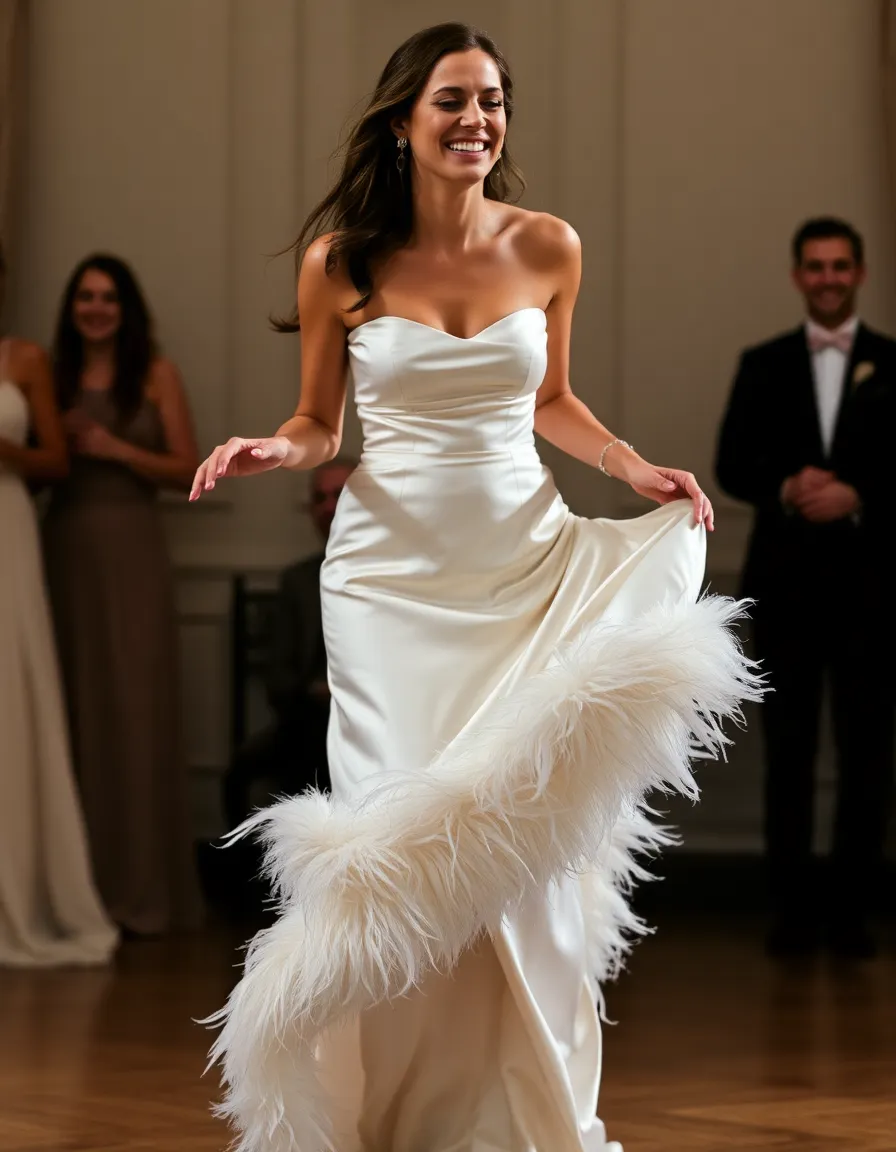 A bride in a silk gown with a feather-trimmed hem, laughing as she spins. The feathers flutter with her movement, and the rest of the dress is sleek to balance the drama.