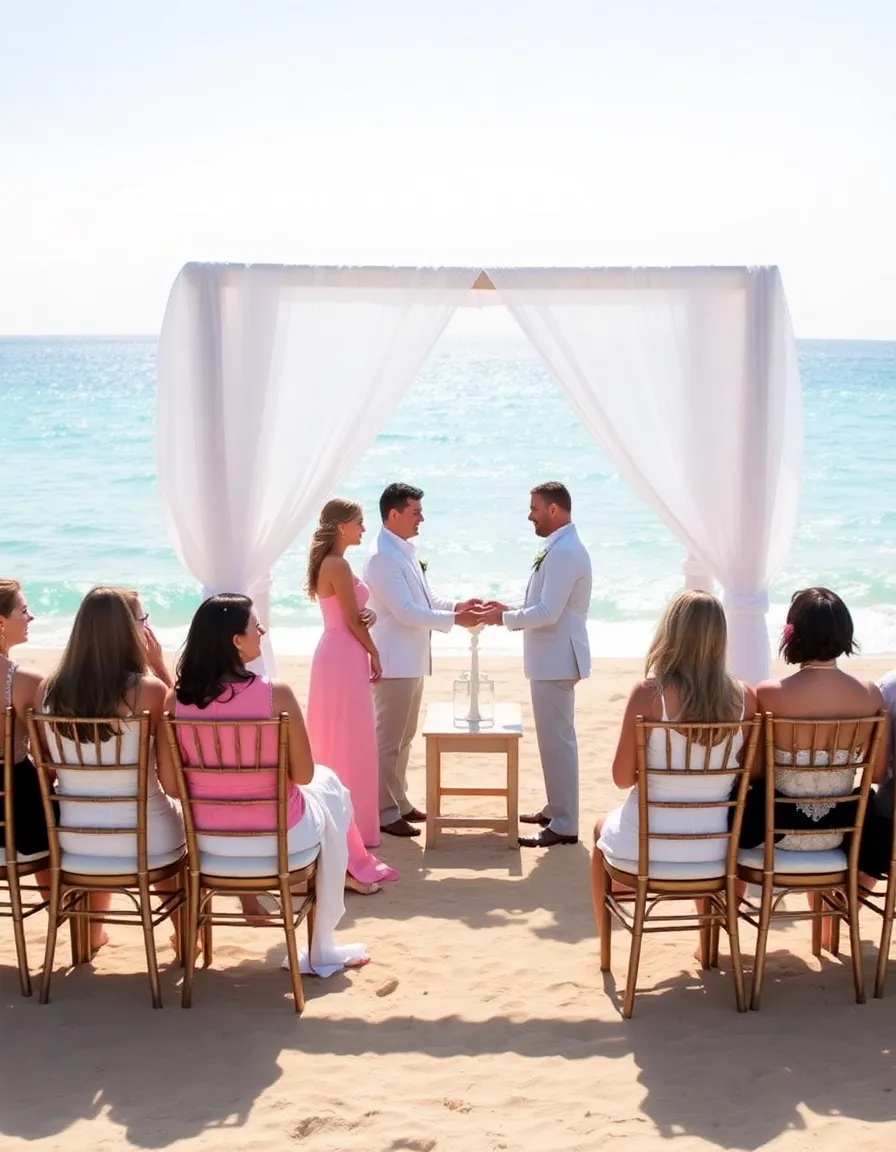 A pristine white gazebo on a golden sand beach, draped with sheer white fabric. The turquoise water sparkles in the background as a couple exchanges rings. A small group of elegantly dressed guests watches from wooden chairs adorned with white cushions.