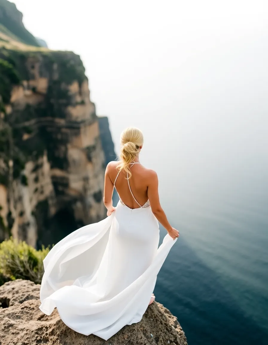 A bride in a halter-neck wedding dress standing on a cliff, the ocean far below. The dress’s open back highlights her toned shoulders, and the wind lifts the skirt slightly for a dynamic shot.
