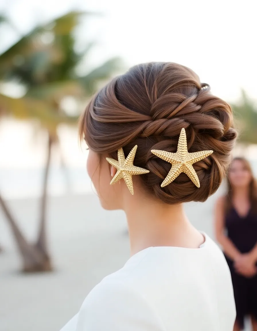 A bride’s elegant chignon with a gold starfish comb nestled at the side. The starfish has intricate detailing, and a few loose tendrils frame her face. The background is a soft-focus beach with palm trees swaying.