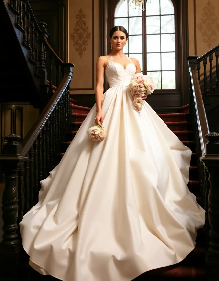 A bride in a voluminous ivory satin ballgown standing at the top of a grand staircase, her skirt cascading down the steps. The bodice features delicate embroidery, and she holds a cascading bouquet of blush peonies. The venue is a historic mansion with ornate detailing.