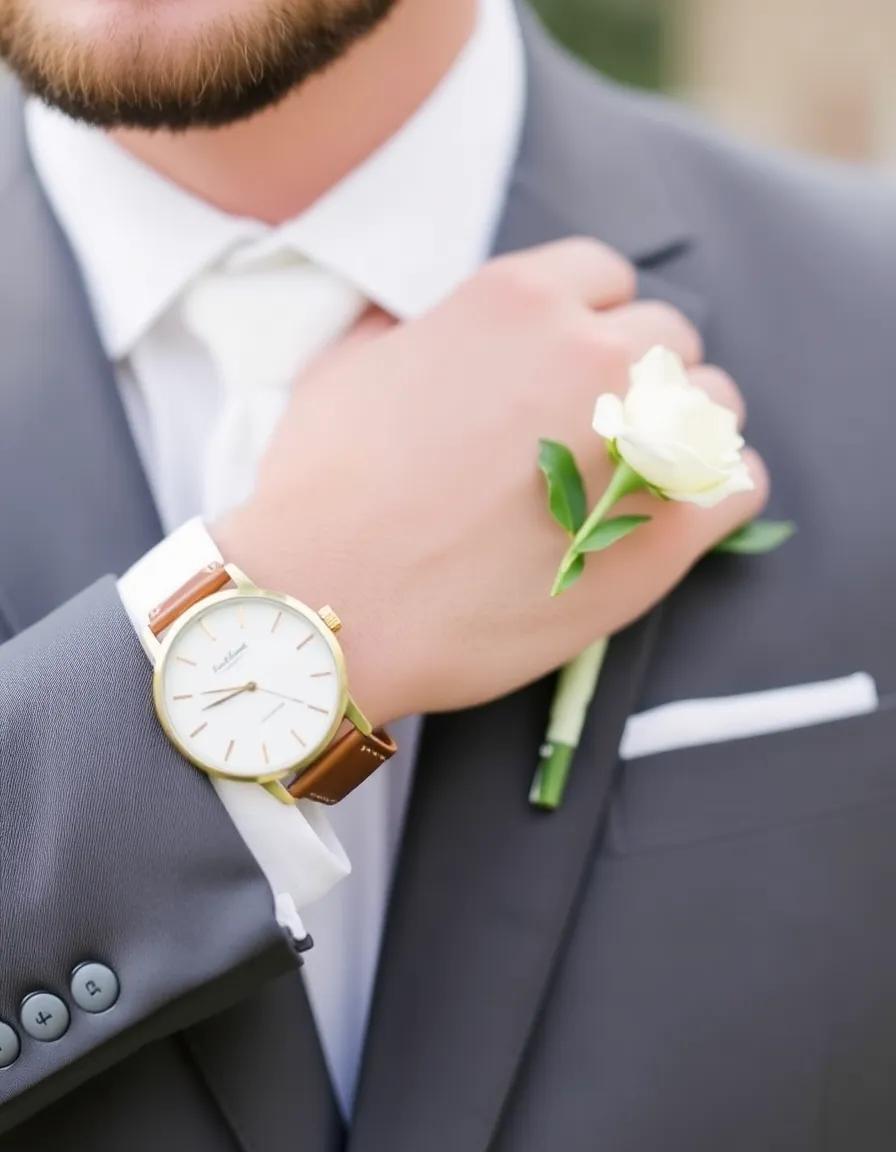 A close-up of a groom’s wrist, showcasing a vintage leather-strap watch and a minimalist gold cufflink. A single white rose boutonniere is pinned to his lapel, adding a delicate touch.