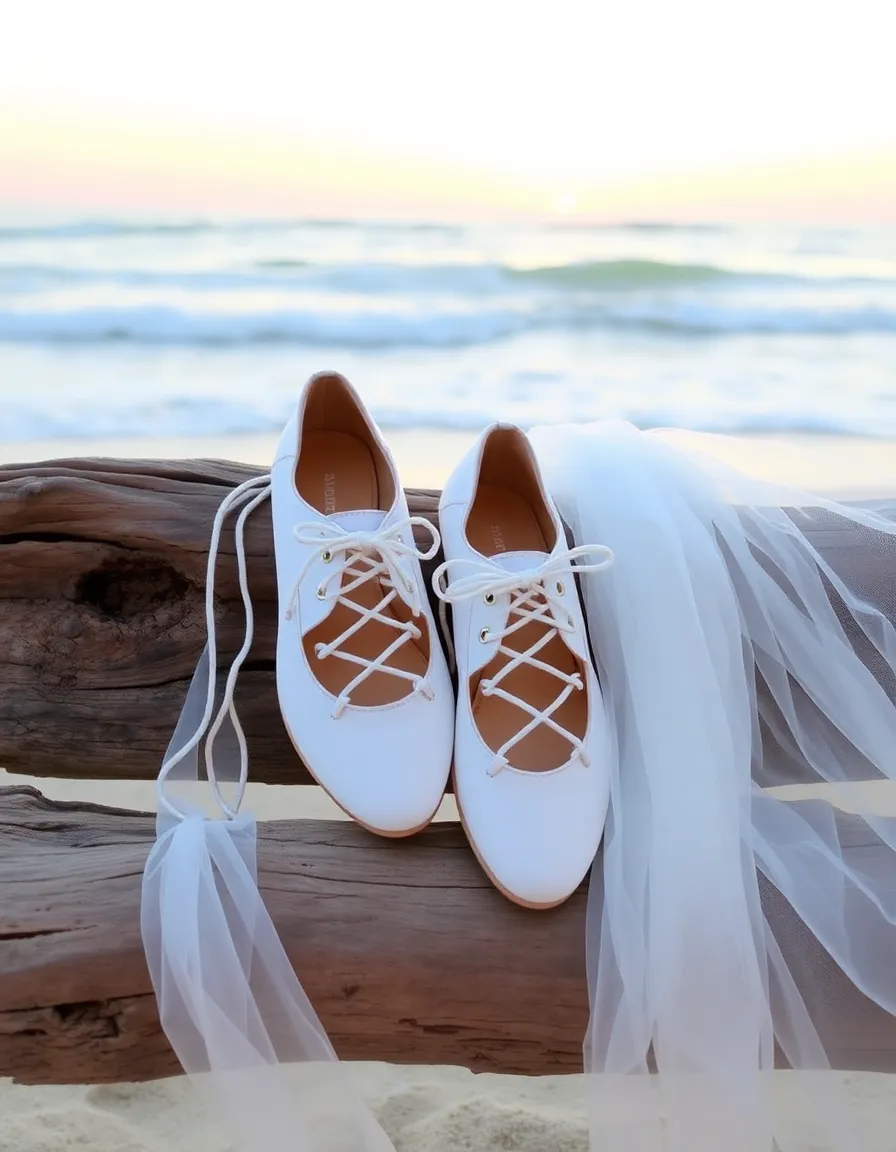A pair of white lace-up flats with crisscrossing ribbons, styled on a driftwood bench with a flowing chiffon veil draped beside them. The background features soft, rolling waves and a sunset.