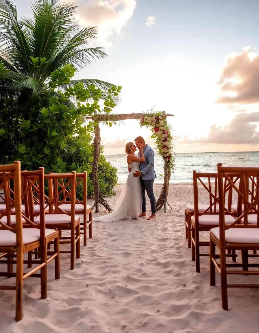 A rustic-chic beachfront wedding setup with wooden chairs and a floral arch made of driftwood. A couple stands barefoot in the sand, surrounded by lush greenery and the sparkling Caribbean Sea. The sun sets behind them, painting the sky in pastel hues.
