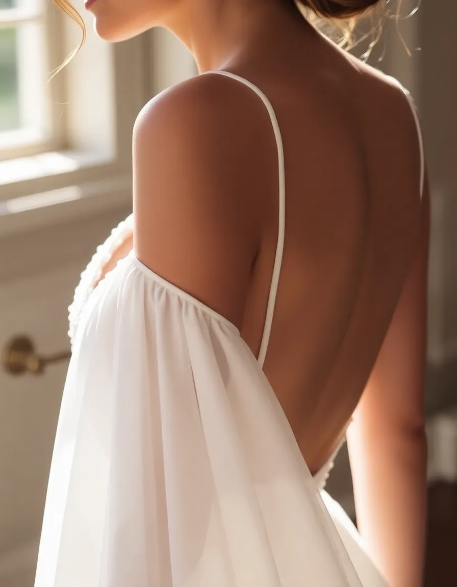 A close-up of Eva Amurri’s wedding dress, showcasing the intricate lace detailing on the plunging neckline and thin straps. The soft, flowing fabric drapes effortlessly over her figure, with the open-back design visible from a side angle. Natural sunlight filters through, highlighting the delicate texture of the lace.