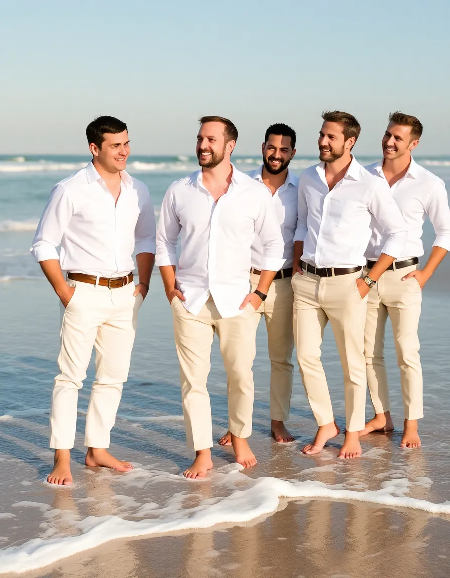 A group of groomsmen standing barefoot on the beach, wearing tailored linen pants and untucked white shirts. Their sleeves are rolled up, and they’re laughing as the waves gently wash over their feet.