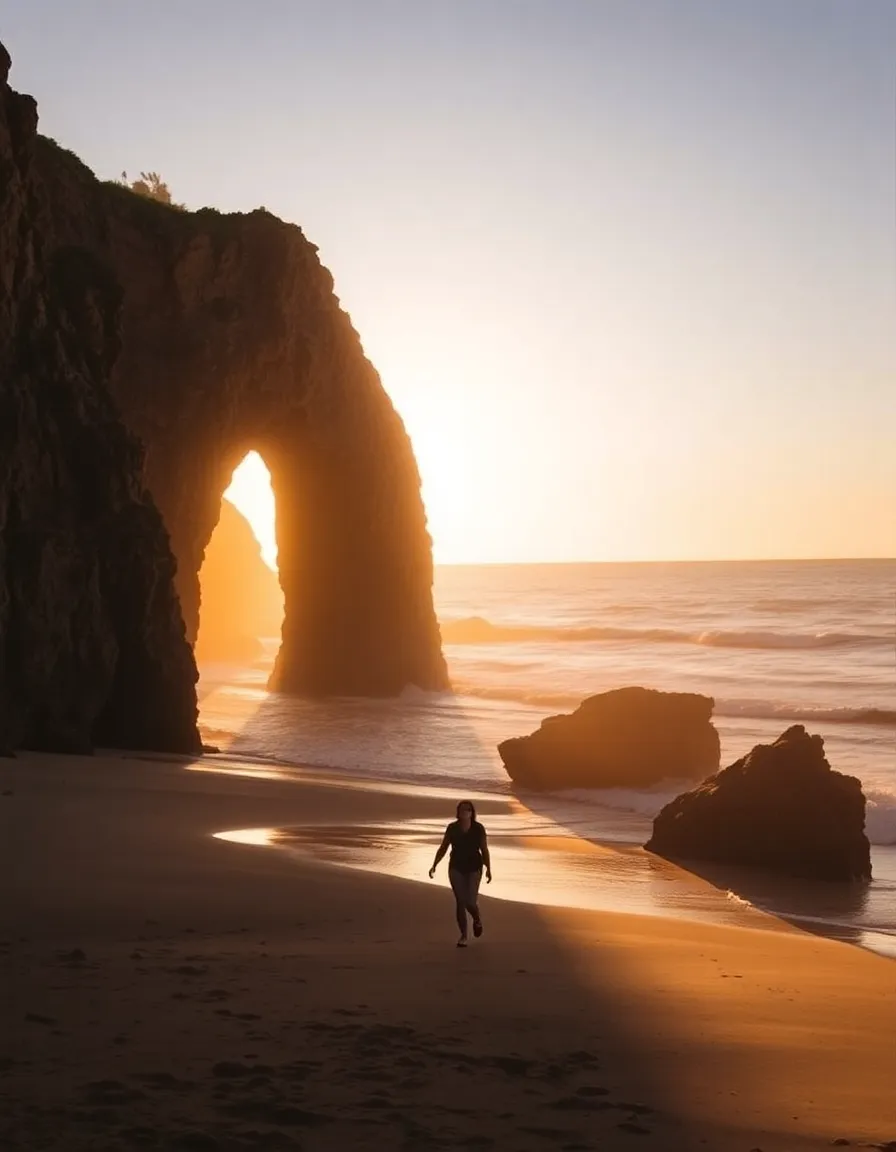 A dramatic view of El Matador Beach at dusk, with golden light streaming through a natural rock arch. A couple walks hand-in-hand along the shore, their silhouettes small against the towering cliffs.