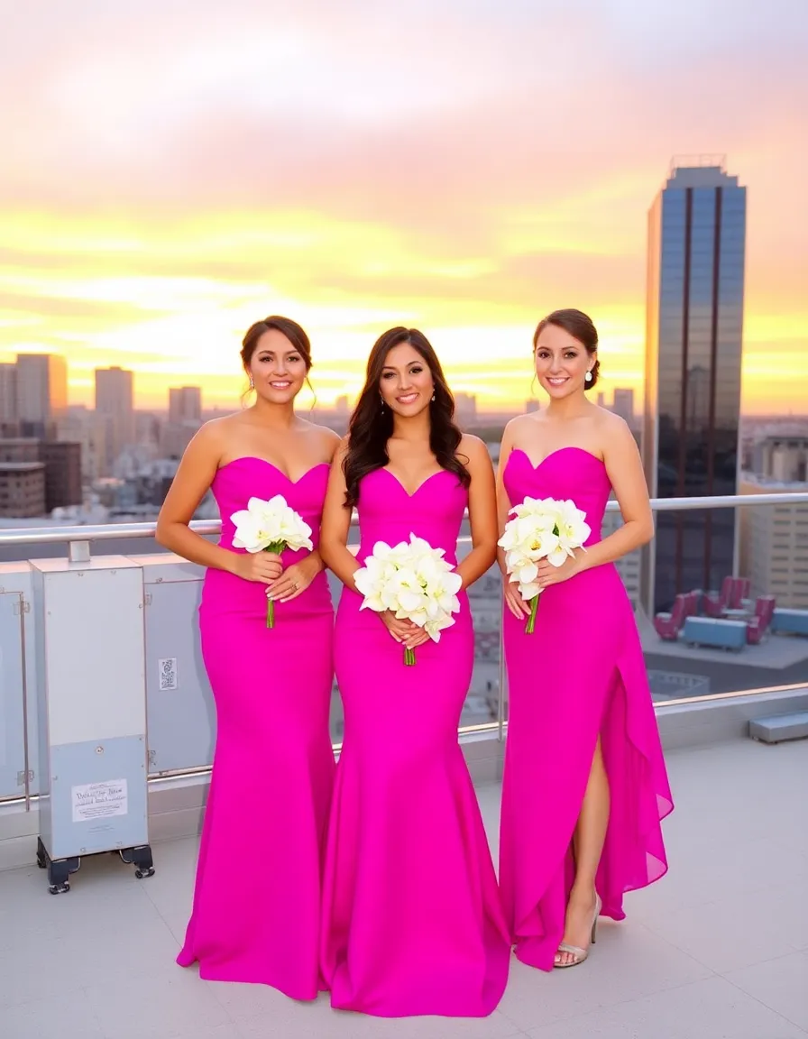 Three bridesmaids in vibrant fuchsia dresses, each with a different silhouette—one mermaid, one A-line, one high-low—posing on a city rooftop at sunset. The sky is a mix of oranges and pinks, mirroring their dresses, and they’re holding sleek, minimalist bouquets of white orchids.