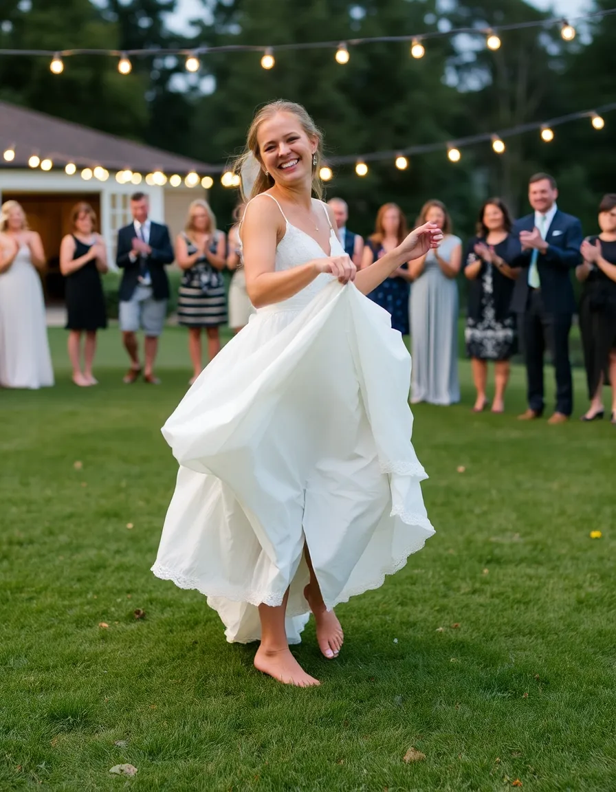 A bride laughing as she hikes up her slightly dirtied wedding dress to dance barefoot on a grassy lawn. Her groom is twirling her, and guests are clapping in the background under string lights.