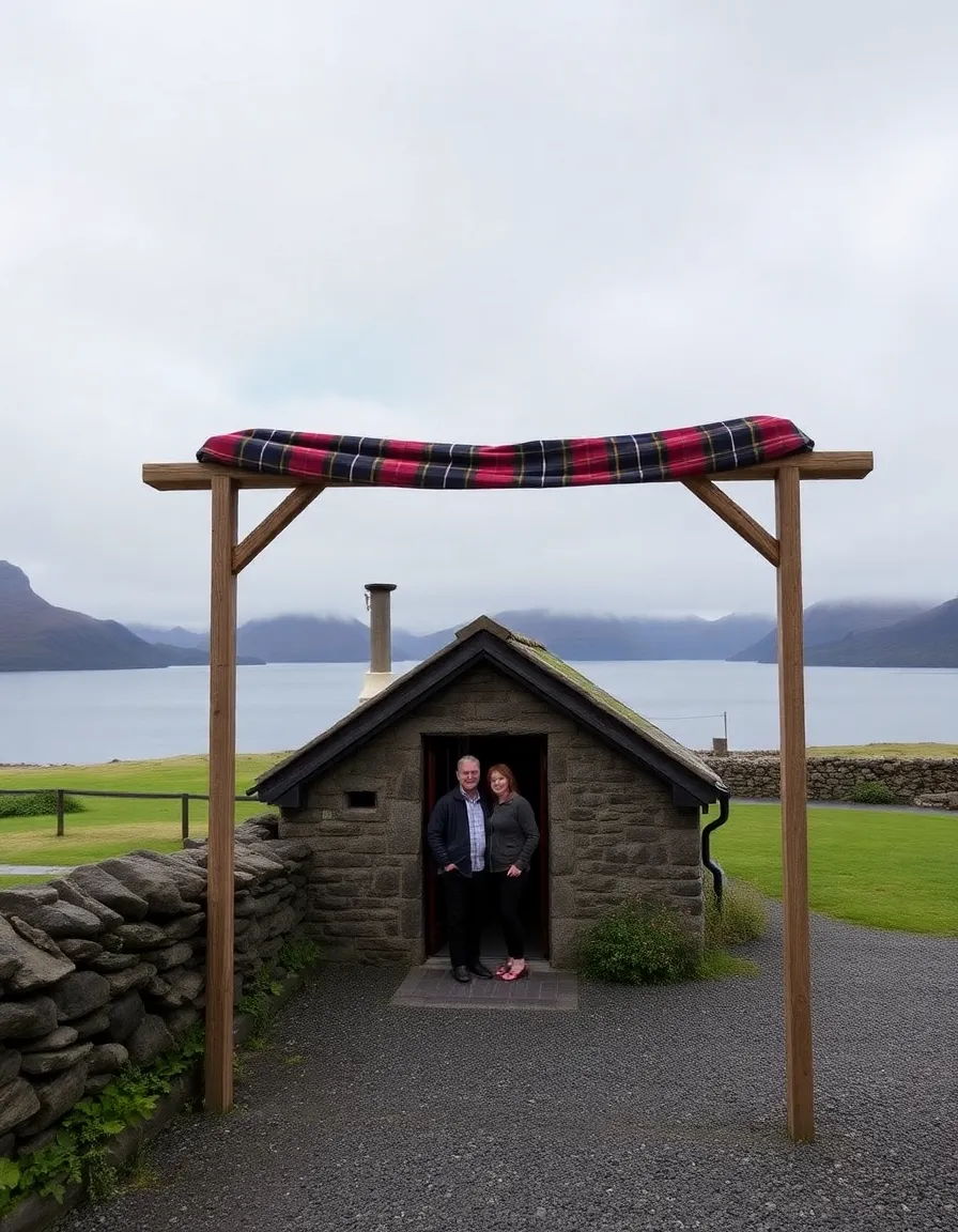 A small stone cottage at The Three Chimneys, with a couple standing outside under a wooden arch wrapped in tartan fabric. The loch stretches out behind them, and misty mountains rise in the distance under a moody sky.