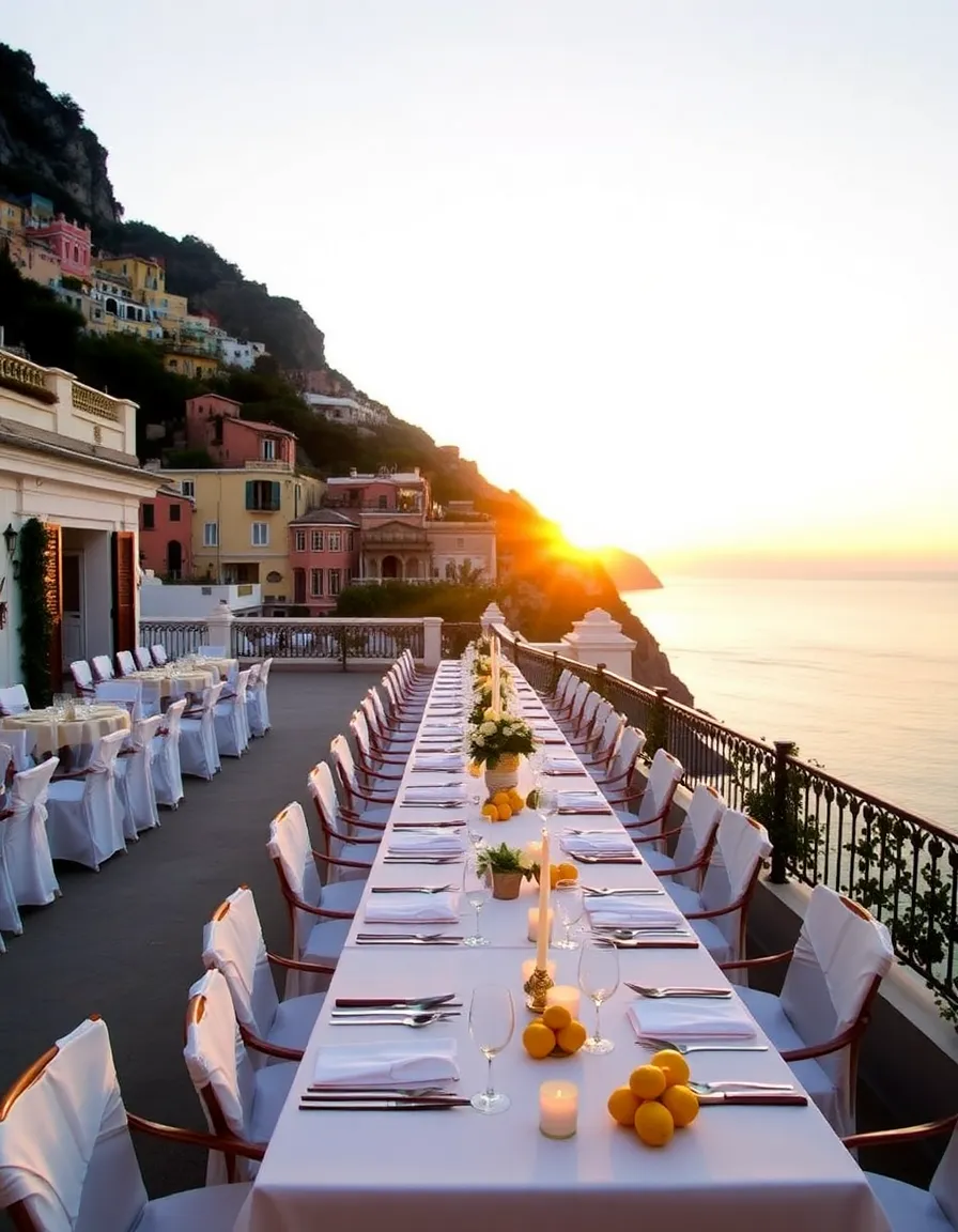 The iconic terrace at Le Sirenuse, with a long table set for a wedding dinner. The chairs are draped in white linen, and the table is covered in candles and fresh lemons. The sun sets over Positano’s colorful buildings and the Mediterranean beyond.