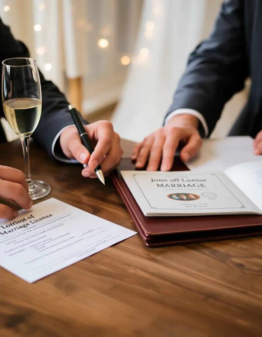 A close-up of hands signing a marriage license on a wooden table. A fancy pen, an open leather binder with the officiant’s credentials, and a pair of champagne glasses sit nearby. The background is softly blurred, with string lights adding a festive touch.