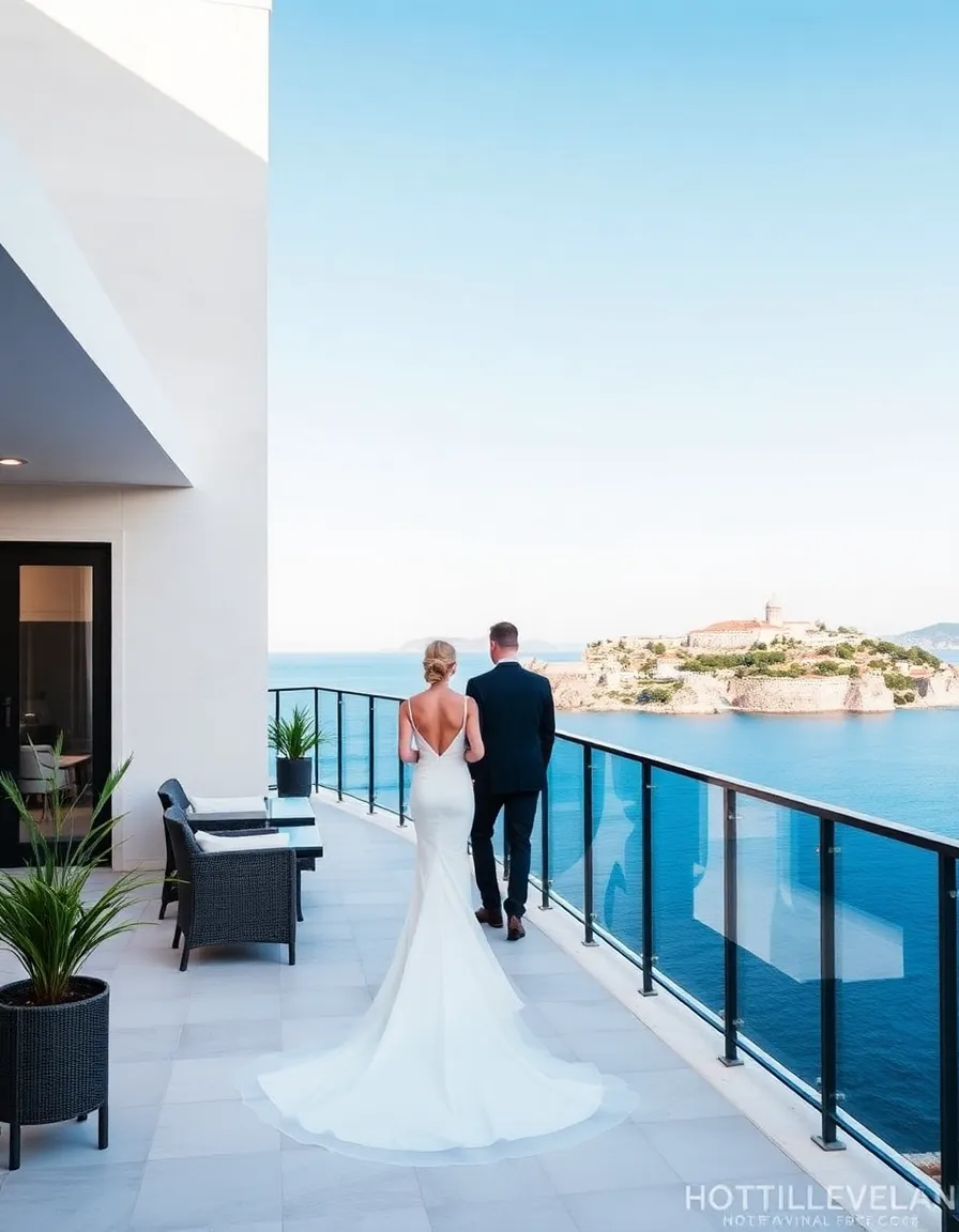 A modern terrace at Hotel Bellevue, with a bride in a sleek gown walking toward her partner. The Adriatic Sea is a deep blue below, and Dubrovnik’s ancient city walls are visible in the distance.