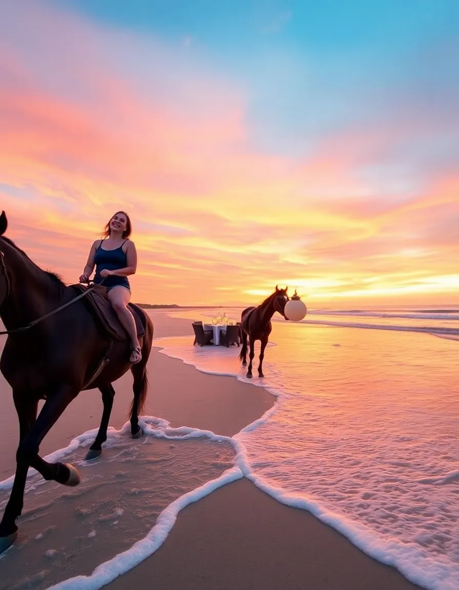A couple riding horses along the beach at Nihi Sumba at sunset, with the waves lapping at the horses’ hooves. The sky is a fiery mix of orange and pink, and the couple laughs as they head toward a lantern-lit dinner setup in the sand.