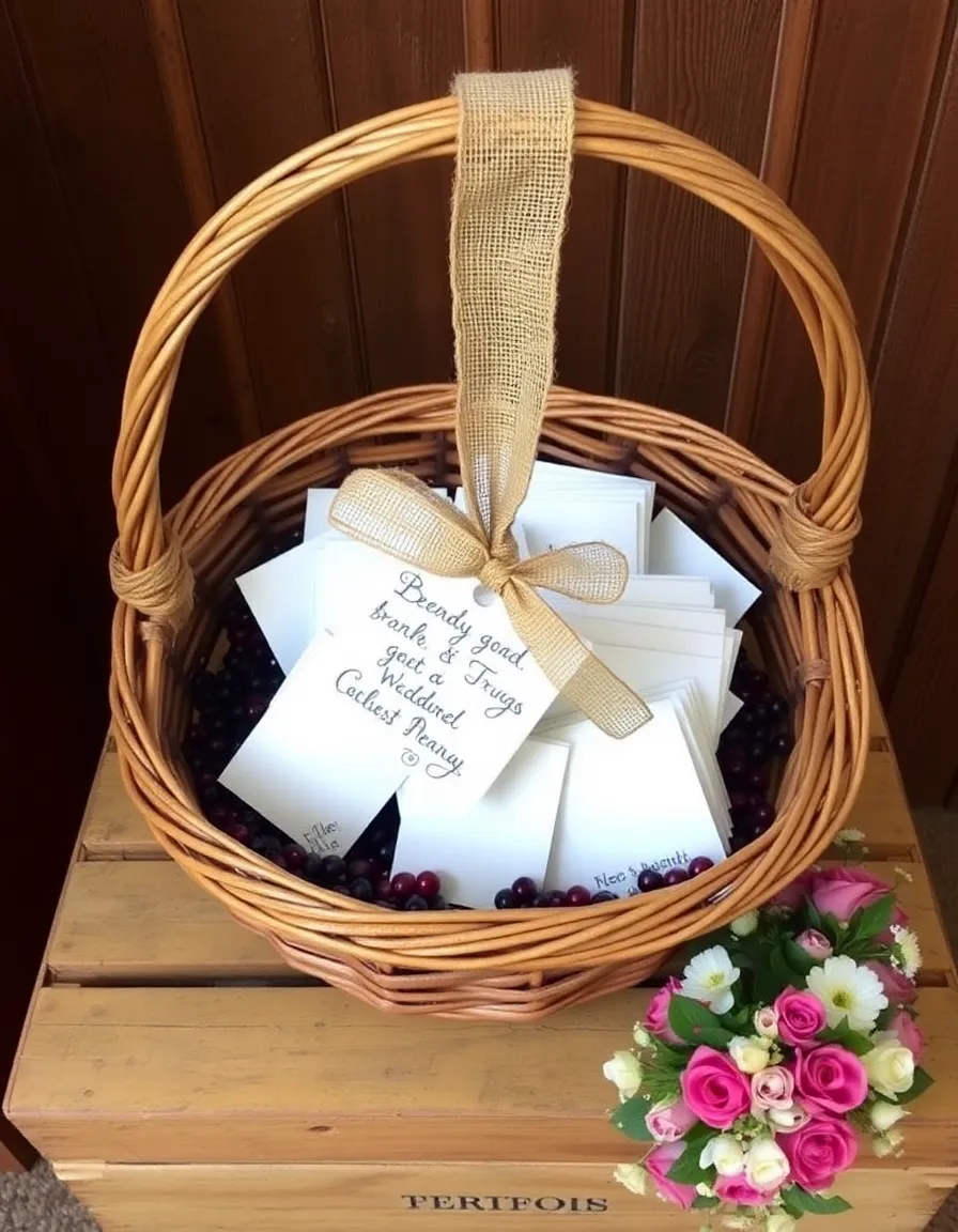 A rustic berry basket filled with wedding cards, tied with a burlap ribbon and a handwritten sign. The basket sits on a vintage crate with a small floral arrangement nearby.