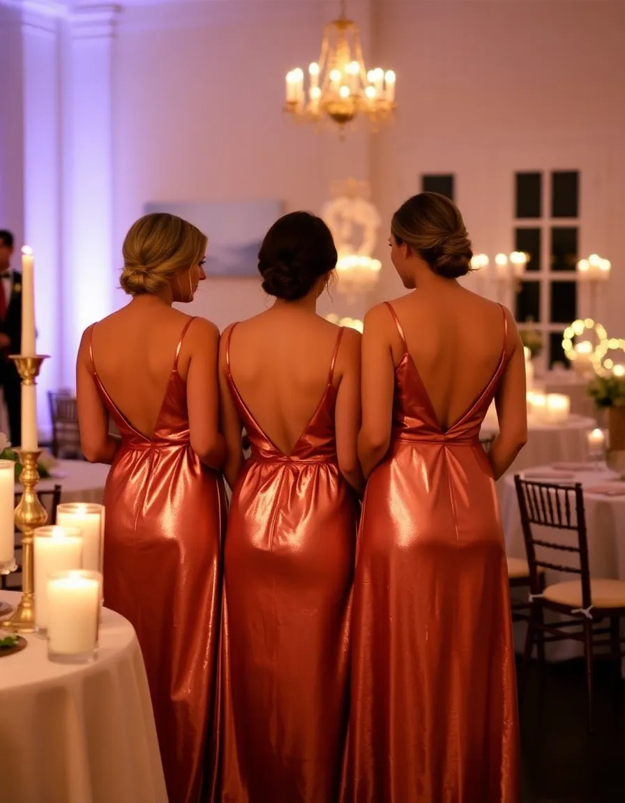 Bridesmaids in rose gold metallic slip dresses standing near a candlelit reception table. The soft glow of the candles reflects off the dresses, creating a warm, romantic ambiance.