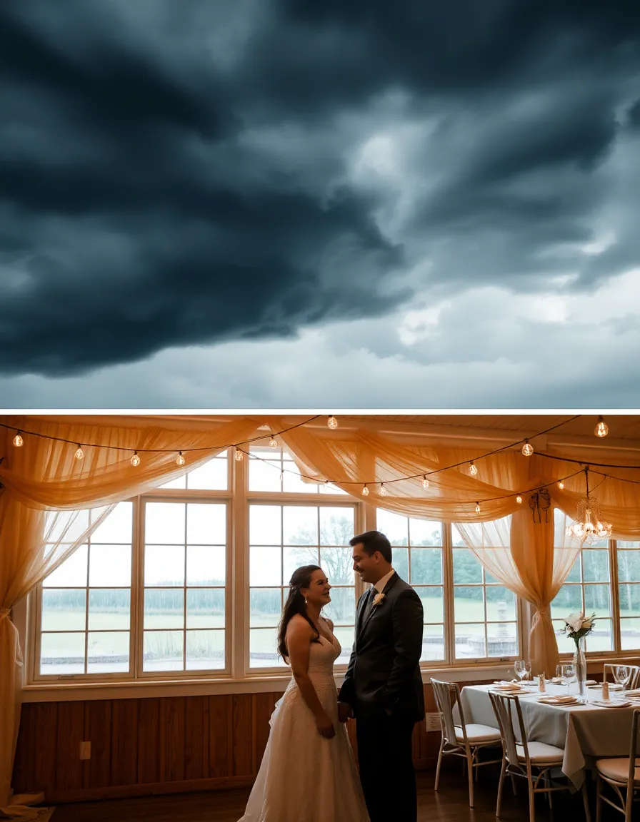 A dramatic shot of a stormy beach with dark clouds rolling in, juxtaposed with a cheerful, well-decorated indoor backup venue. A bride and groom smile under string lights, holding hands as rain streaks the windows behind them.