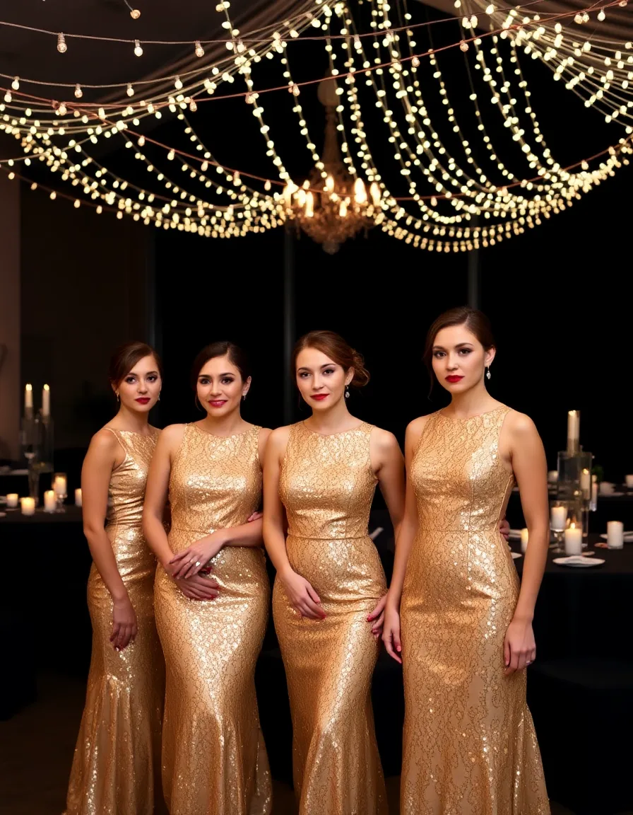 Bridesmaids in gold sequin dresses standing under a canopy of string lights at an evening reception. The dresses shimmer as they move, and they’re paired with sleek updos and bold red lips. The tables behind them are adorned with black linens and candle centerpieces, creating a moody contrast.