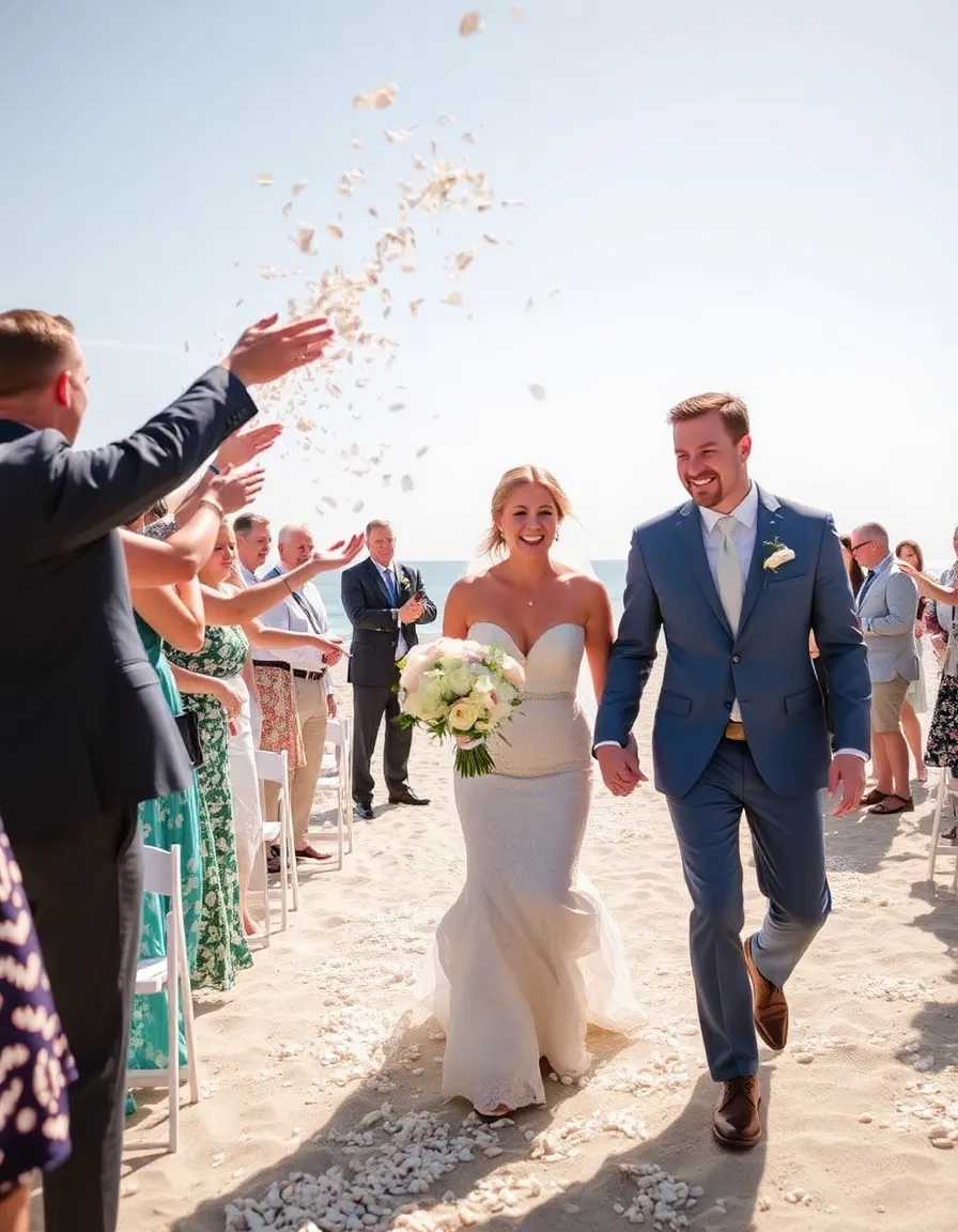 A joyful bride and groom walking hand in hand as guests toss handfuls of tiny, iridescent seashells into the air. The shells glint in the sunlight, and the couple laughs as they make their way down a sandy aisle lined with smiling faces.