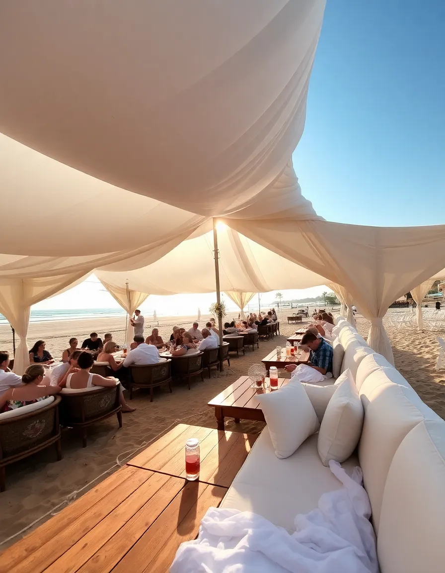 A stylish beach wedding setup with billowing white fabric tents, guests lounging in shaded seating areas, and golden sunlight filtering through the canopy. A few decorative fans and chilled drinks are visible on rustic wooden tables.