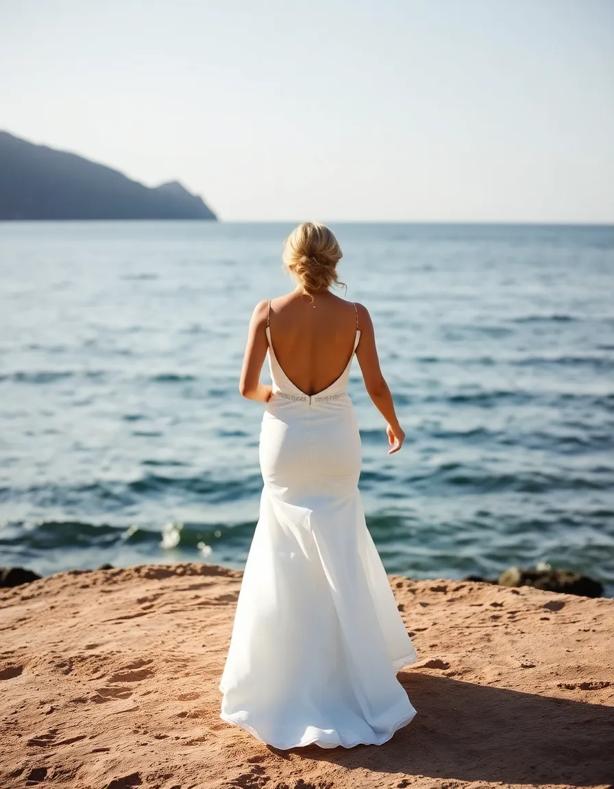 A bride in a backless wedding dress walking away from the camera along the shoreline, the ocean stretching endlessly behind her. The open back highlights her toned shoulders, and the skirt flows effortlessly in the breeze.
