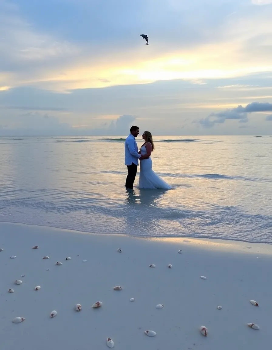 A sunrise beach wedding on Mnemba Island, with the couple standing in the shallows as the first light of day hits the water. A dolphin leaps in the distance, and the sand is dotted with delicate seashells.