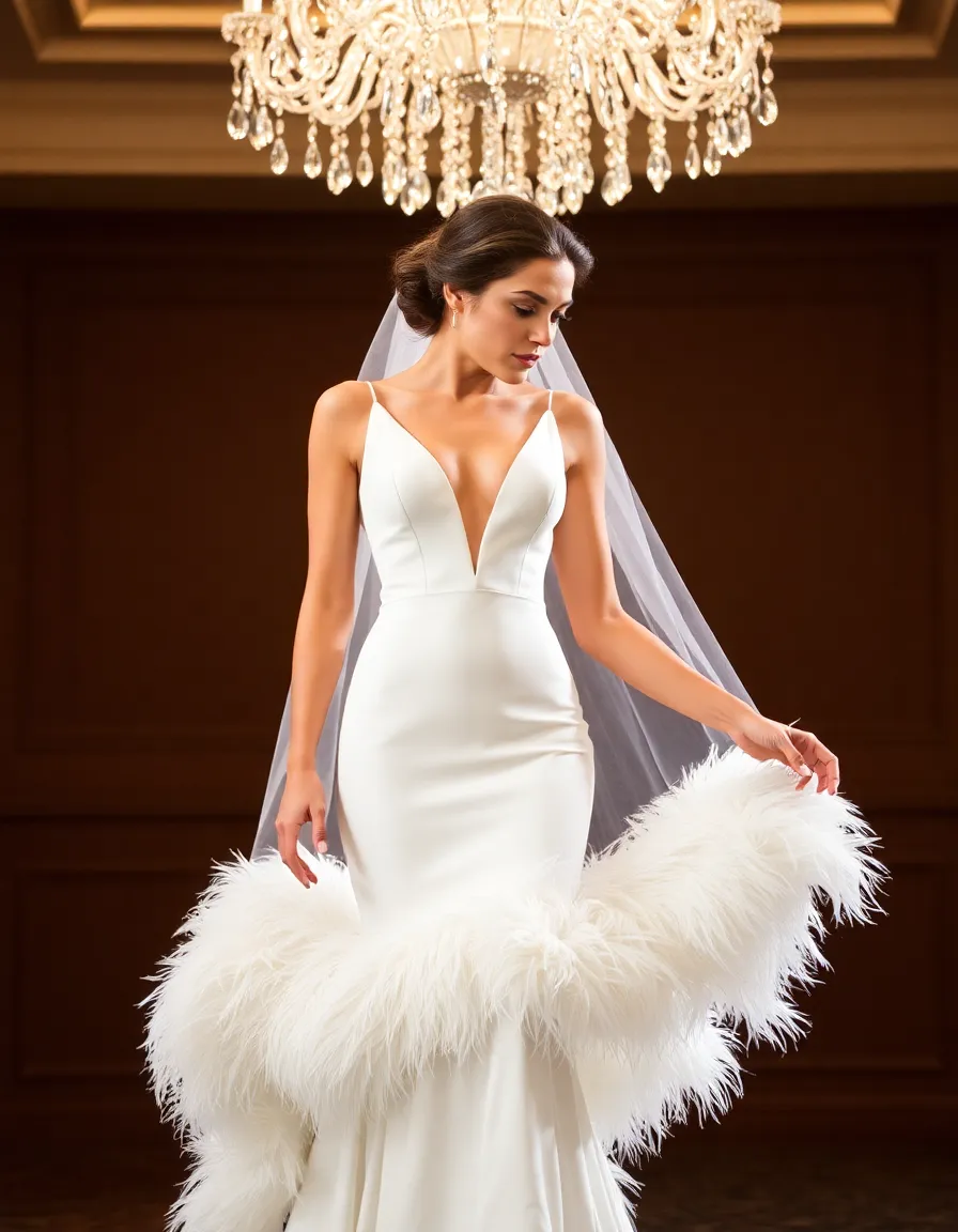 A bride in a slim-fitting gown with a feather-trimmed hemline and a deep V-neck. She’s standing under a crystal chandelier, the feathers catching the light as she moves.