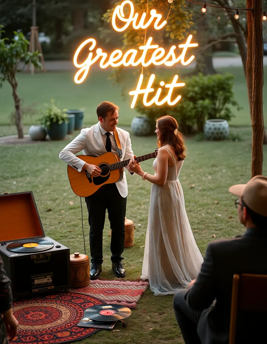 A groom playing acoustic guitar for his partner during the ceremony, with vintage records and a retro turntable as decor. The outdoor setting includes boho rugs and a neon sign glowing with "Our Greatest Hit."