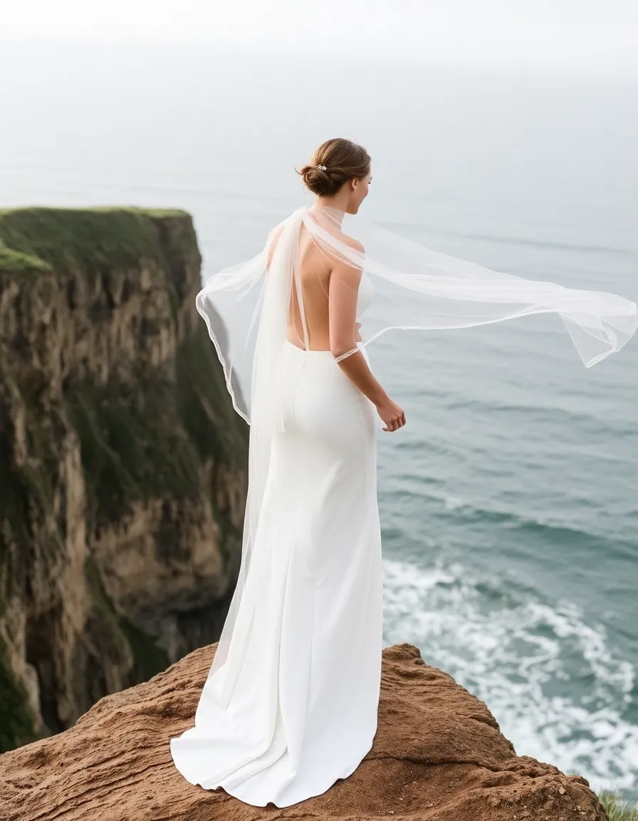 A bride in a simple slip dress with a long, sheer cape that trails behind her. She’s standing at the edge of a cliff overlooking the ocean, the wind catching her cape dramatically.