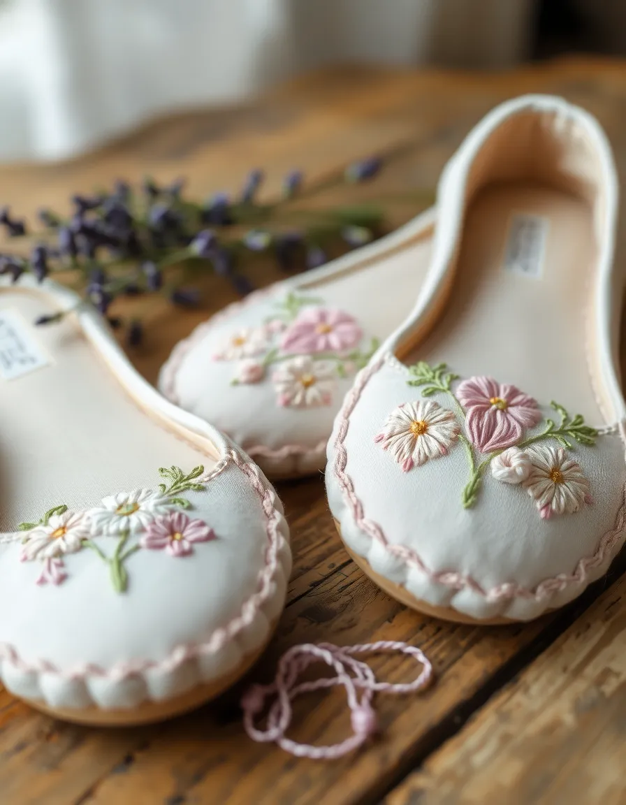 Close-up of embroidered flats with floral designs in soft pastel threads, positioned on a rustic wooden table with a sprig of lavender and loose embroidery thread nearby. The background is slightly blurred to highlight the intricate details.