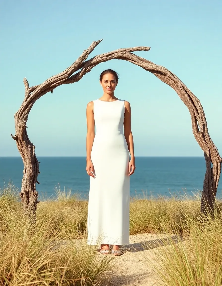 A bride in a minimalist, sleeveless column dress standing against a driftwood arch. The dress’s clean silhouette contrasts with the wild beach grass around her. The horizon line cuts sharply behind her, emphasizing the simplicity of the look.