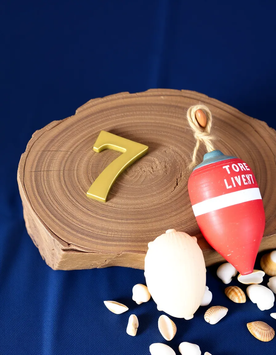 A close-up of a rustic wooden slab with a brass number "7" nailed to it, resting on a navy-blue tablecloth. Next to it sits a small red-and-white striped buoy with a twine loop, surrounded by scattered seashells.