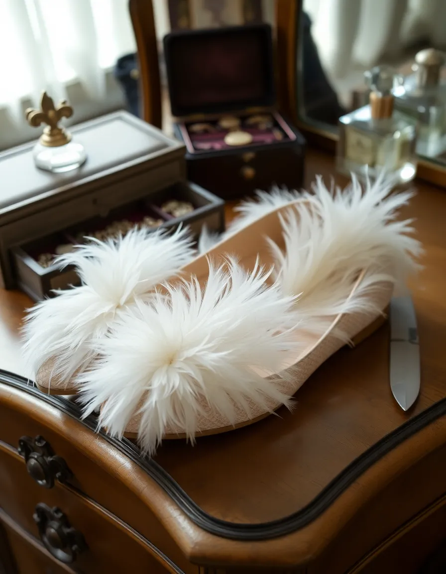Feather-adorned flats with soft white plumes, styled on a vintage vanity with a jewelry box and a perfume bottle. The feathers catch the light, creating a dreamy, ethereal effect.